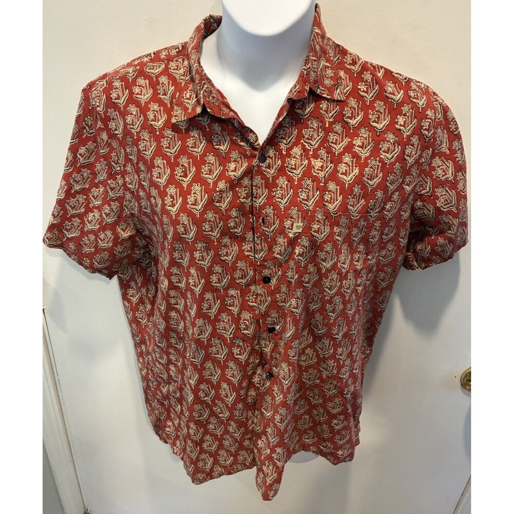 Anokhi Mens XL Red Floral Block Print Shirt 100% Cotton India Short Sleeve Boho